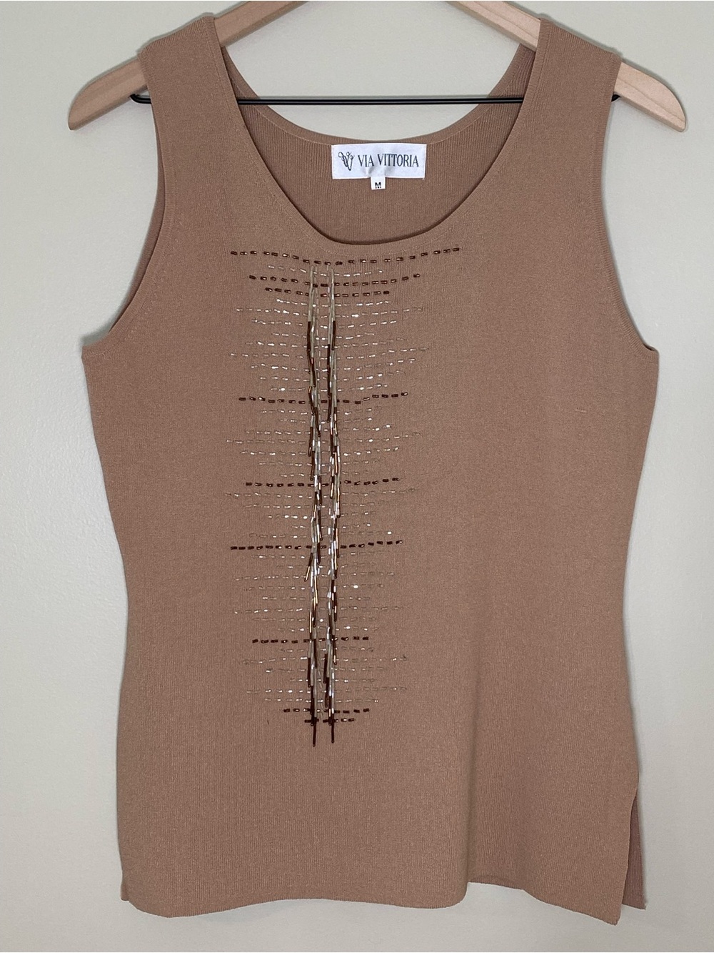 Festival Fringe Boho Knit Tank Top Beaded Brown Embellished Earthy Medium - Picture 1 of 13